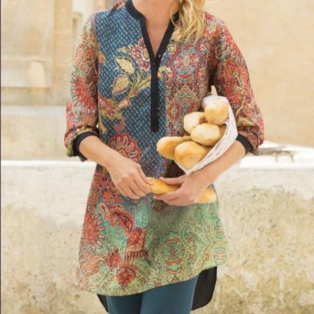 Soft Surroundings Autumn Haze Agra Paisley Floral Long Sleeve Tunic Blouse Sz.XL